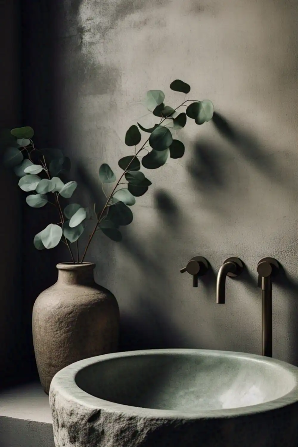 Wabi-Sabi styled bathroom with unpolished stone sink