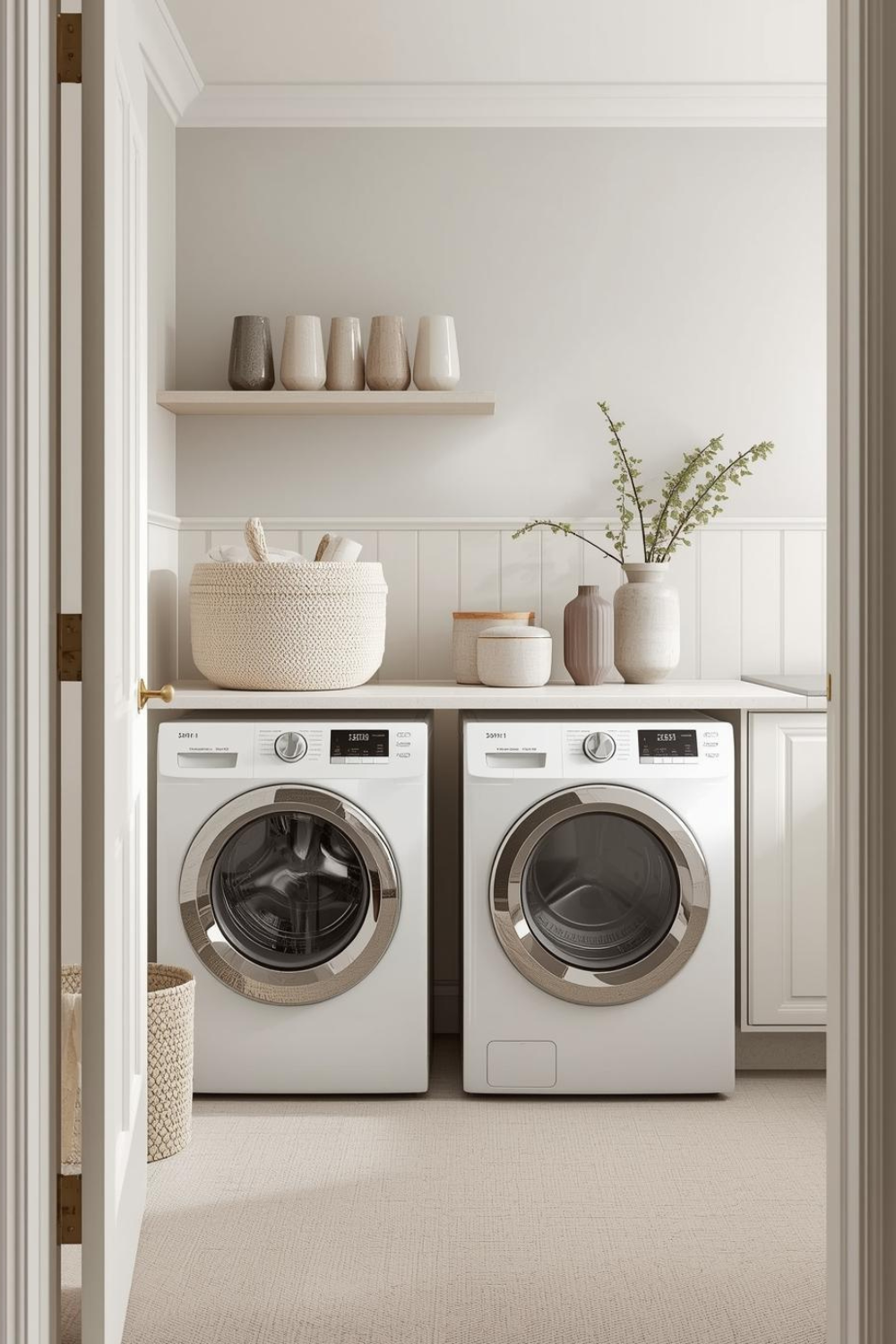 laundry room interior in beige and cream tones, linen textures, soft natural lighting, luxury minimalist style, Scandinavian influence