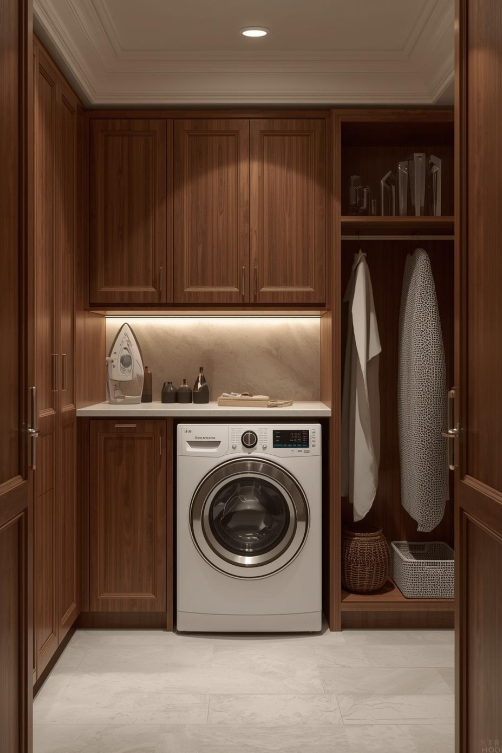 luxury laundry room with built-in ironing board