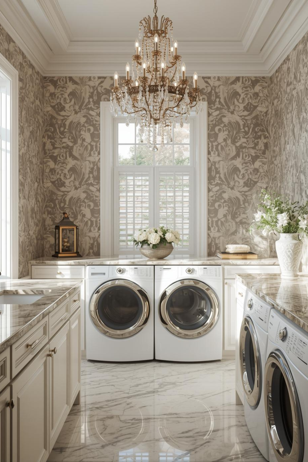 laundry room with crystal chandelier, marble countertop, elegant wallpaper, bright natural lighting, luxury interior design magazine style