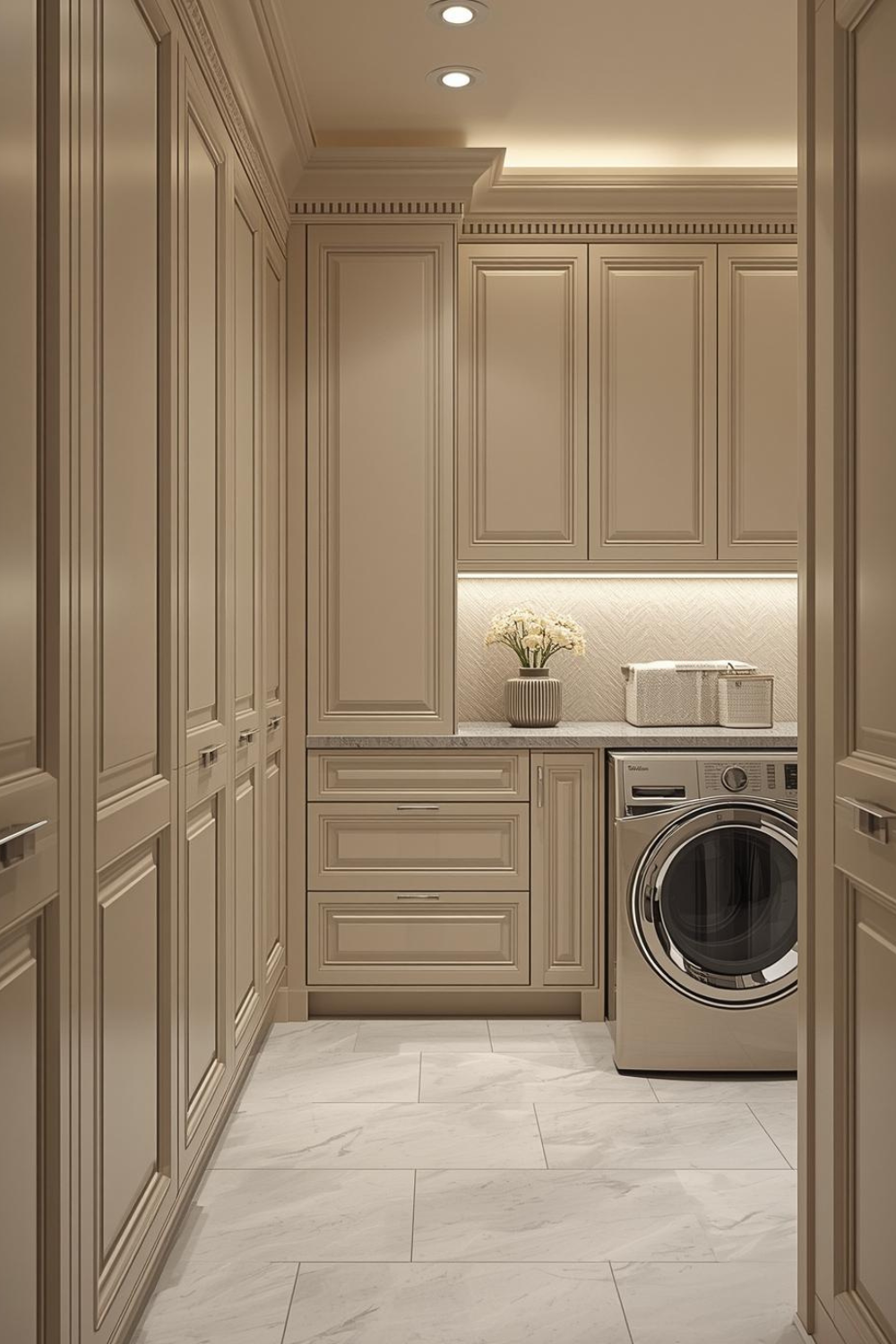 laundry room with custom wall paneling, built-in cabinets, soft beige palette, architectural millwork, refined lighting, interior design photography